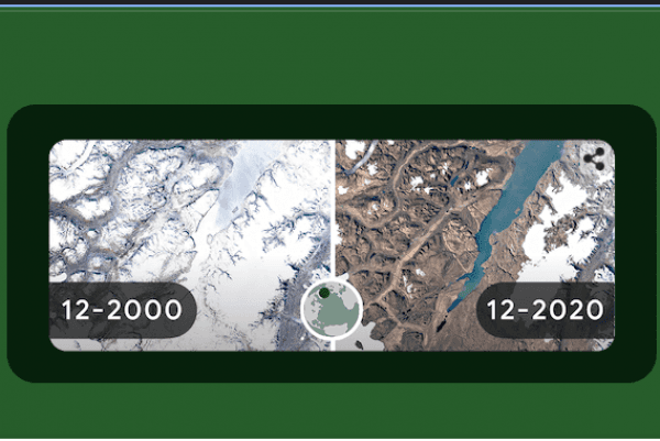 Google Doodle tentang Sermersooq di Greenland yang menampilkan tingkat pencairan es, sejak Desember 2000 hingga 2020.
