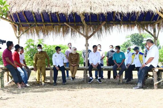 Presiden Jokowi berdialog dengan petani pada Peluncuran Lumbung Pangan Berbasis Mangga dan Taksi Alsintan, di Gresik, Jatim, Senin (22/8).