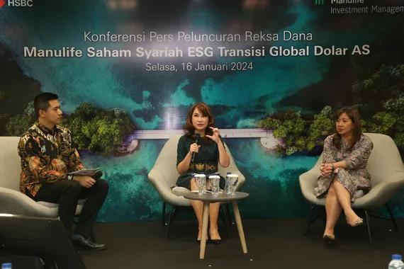 Chief Economist PT Manulife Aset Manajemen Indonesia, Katarina Setiawan (kiri) dan Director of Wealth & Personal Banking PT Bank HSBC Indonesia, Lanny Hendra (kanan), dalam talk show terkait peluncuran reksa dana Manulife Saham Syariah ESG.